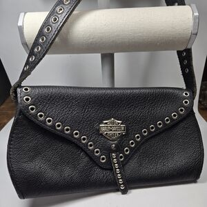 Vintage Harley-Davidson Black Leather Grommet Shoulder Bag